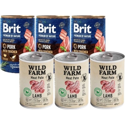 Brit Premium by Nature Pork with Trachea 3 x 400 g & Wild Farm Pate Lamb 3 x 400 g