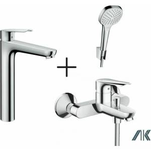 Hansgrohe Комплект смесител Hansgrohe Logis E с висок смесител за мивка, смесител за вана и комплект за душ с хромиран кран (71162000+71403000+26425400)