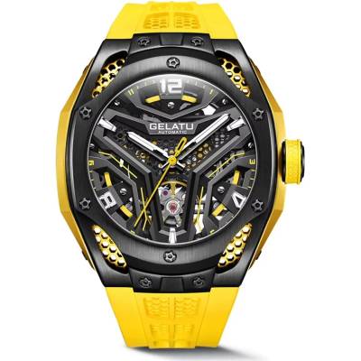 Gelatu Мъжки часовник GELATU Luxury Sport, Автоматичен, Силиконова каишка, Жълт (GELATU-6007-YELLOW)