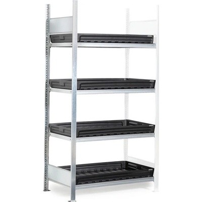 DENIOS Regál pre malé nádoby, nadstavné pole, 4x záchytná vaňa z plastu, 1012 x 437 x 2000 mm