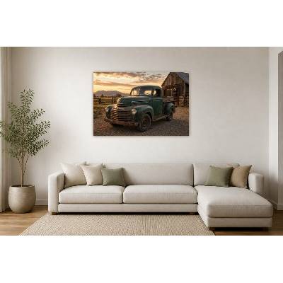 Obraz na plátně – Zelený historický pickup u stodoly 135 × 90 cm