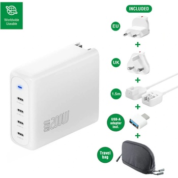 4smarts Захранване за ел. мрежа за лаптопи, смартфони и таблети с 4xUSB-C изходи с технология за бързо зареждане - 4Smarts GaN Charger Flex Pro 200W Travel Edition (бял) (545200)