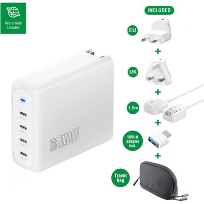 4smarts Захранване за ел. мрежа за лаптопи, смартфони и таблети с 4xUSB-C изходи с технология за бързо зареждане - 4Smarts GaN Charger Flex Pro 200W Travel Edition (бял) (545200)