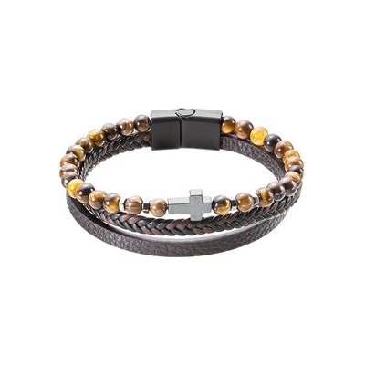 Evolution Group Cz Náramek pánský koženka a korálky tygří oko 43044.3 23cm