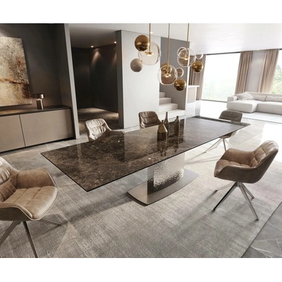 DELIFE Jídelní stůl Edge 200-300 x 100 keramika Laminam® Emperador E x tra Lucidato Tmavě hnědá Wave nerezová ocel rozkládací