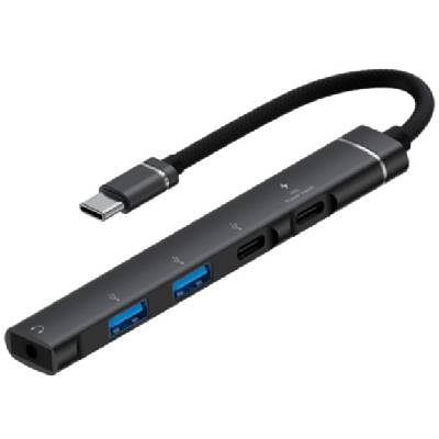 OTG-019X 5-в-1 хъб - 3, 5 mm жак / 2x USB-C / 2x USB-A към USB-C - тъмно сив (86421)