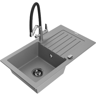 Mexen Pablo гранитна кухненска мивка с една камера с оттичаща повърхност и кухненски смесител Duo, сив - 6510-71-671701-07-B (6510-71-671701-07-B)