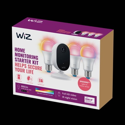 Philips WiZ WiZ 8720169075016 Monitorovacia sada WIZ kamera + LED žiarovky , E27, 8,5W, 2200K-6500K+RGB, 806lm, biela