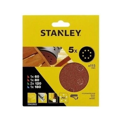 Stanley Brusné papíry pro excentrickou brusku Ø 115 mm 1x P60, 1x P80, 2x P120, 1x P180, Bosch, Kress, Metabo - ST-STA32022-XJ