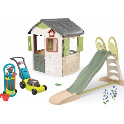 Smoby Set domeček a skluzavka 2,3 m Toboggan XL Life Jura Lodge rozšiřitelný s krmítkem a sekačka s vozíkem