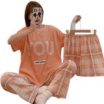 Image 1 of Дамски комплект пижама в оранжево с надпис - 3 части