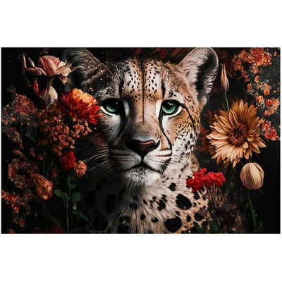 Sklenený obraz Gepard a kvety, 80 × 120 cm, GL-12641