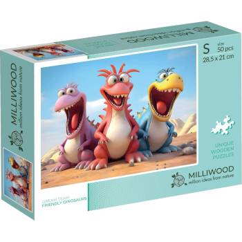 Milliwood Дървен пъзел Milliwood от 50 части - Динозаври (размер S) (S-FriendlyDinosaurs-5052)