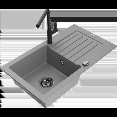 Pablo гранитна мивка с една камера с отцедник и кухненски смесител Flora, сив - 6510-71-670401-70-B (6510-71-670401-70-B)