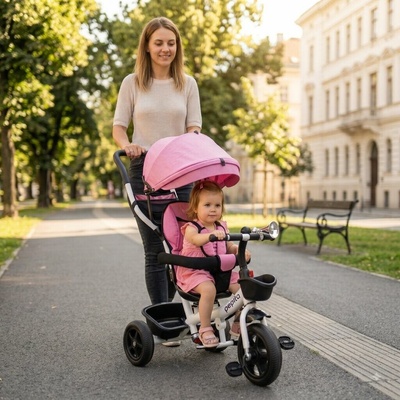 Pepita 360° otočná s klaksónom tlačnou rukoväťou a košíkom ružová