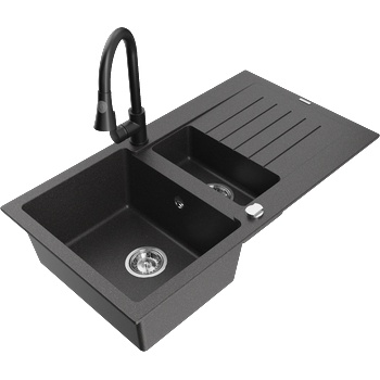 Mexen Matias гранитна мивка 1, 5-камерна с отцедник и кухненски смесител Elia, черна с пръски - 6502-76-670101-70 (6502-76-670101-70)