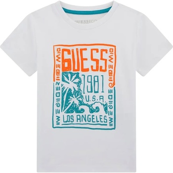GUESS Бяла тениска с оранжево-тюркоазени надписи за мини момче Guess