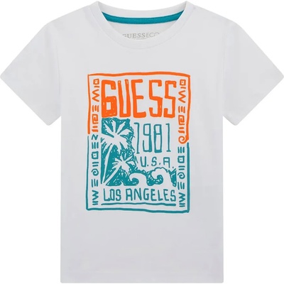 GUESS Бяла тениска с оранжево-тюркоазени надписи за мини момче Guess