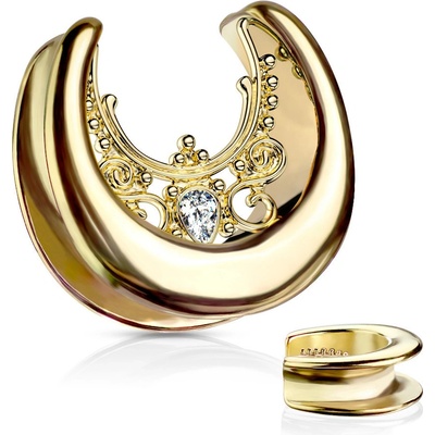 Šperky eshop ocelový plug do ucha ve zlaté barvě zirkonová slzička ornamenty O11.10