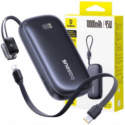 Baseus EnerFill FC21 Qpow 3 Ultra Power Bank 10000mAh 45W с прикачен кабел за носене на врата, черен (6932172692469)