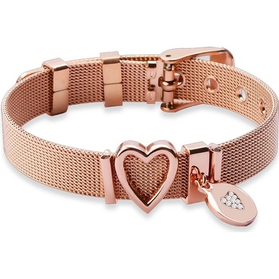 Šperky eshop ocelový síťovaný náramek v měděné barvě se srdíčkem a visacím kroužkem s čirými zirkony P01.08
