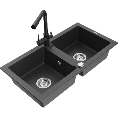 Mexen Mario гранитна мивка с 2 камери с кухненски смесител Duero, черен на петна - 6504-76-671600-70 (6504-76-671600-70)