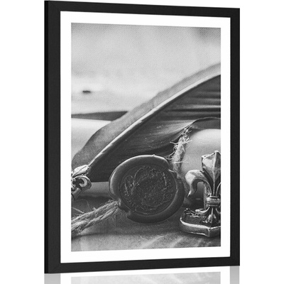 Plakát s paspartou historické pero a pergamen v černobílém provedení - 40x60 no frame
