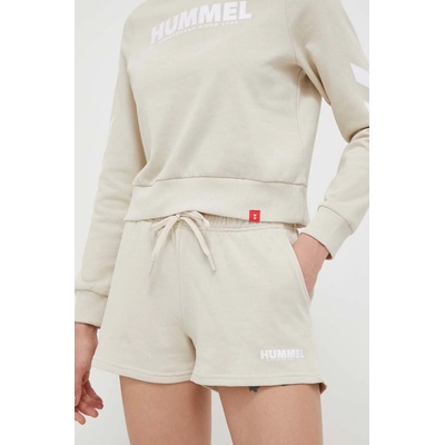 Hummel Памучен къс панталон Hummel hmlLEGACY WOMAN SHORTS в бежово с изчистен дизайн със стандартна талия (219478)