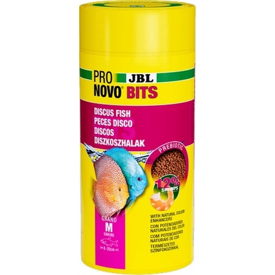 JBL Pronovo Bits Grano M - Основна храна за аквариумни рибки, под формата на гранули за дискуси и други капризни цихлиди от Южна Америка, размер М за риби 8-20 см. - 1000 мл