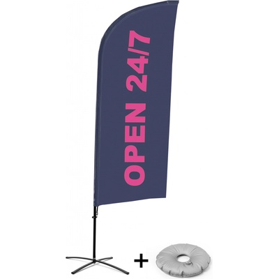 Jansen Display Kompletní sada reklamní vlajky ve tvaru křídla, Otevřeno 24/7, anglicky Křížová Základna, 1273 x 3030 mm