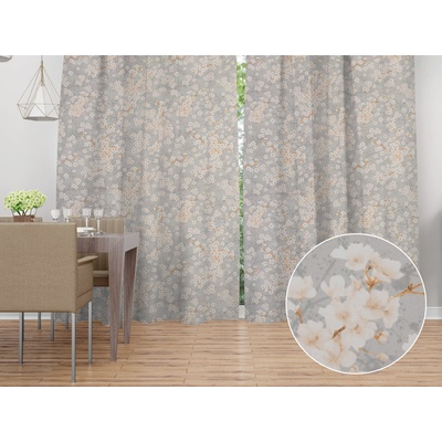 Biante Bavlněný závěs Sandra SA-634 Bílé třešňové květy na šedém 150x250 cm