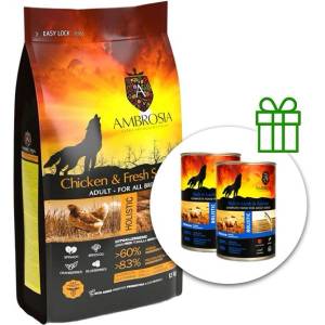 AMBROSIA Adult All Breeds Chicken & Fresh Salmon 12 кг + 2 консерви безплатно