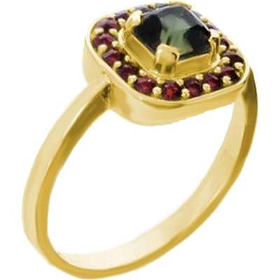 Český granát pozlacený prsten stříbrný s vltavínem 121032Z