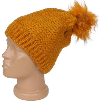 Дамска зимна шапка в цвят горчица с помпон