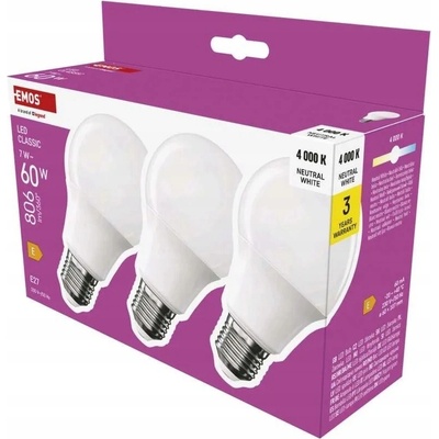 Emos LED žiarovka Classic A60 E27 7 W 60 W806 lm , Neutrálna biela,3ks/bal ZQ5E43.3