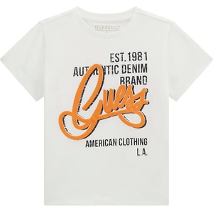 GUESS Бяла тениска за мини момче с оранжев надпис Guess