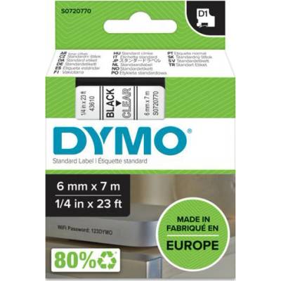 Páska Dymo D1, 6mm (43610) průhledná, černý tisk, 7m