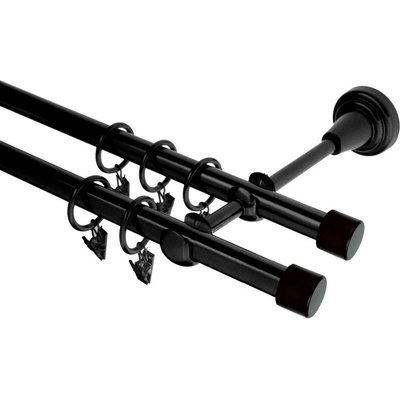 OK-GarnýžeCZ Garnýž kovová dvouřadá 19mm Pullo černá 230 cm do stěny / kroužky s žabkou