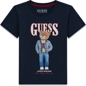 GUESS Тъмно синя тениска за мини момче с голямо цветно мече и бял надпис Guess
