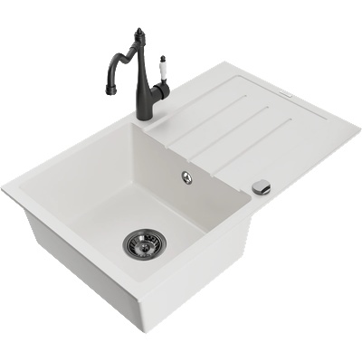 Mexen Bruno гранитна мивка с 1 отделение и сушилник с кухненски смесител Carla, бял - 6513-20-670700-70 (6513-20-670700-70)