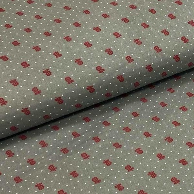Bavlněné plátno P0505 šedé, bílé tečky, červený květ, š.140