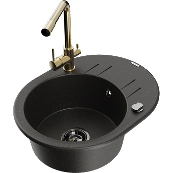 Mexen Kevin еднокамерна гранитна мивка с отцедник и кухненски смесител Duero, черен/златен металик - 6517-75-671600-50-B (6517-75-671600-50-B)