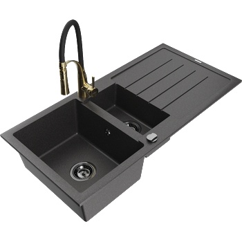 Mexen Andres мивка гранитна 1, 5-камерна със сушилник и кухненски смесител Aster, черен на петна - 6515-76-73450-57-B (6515-76-73450-57-B)