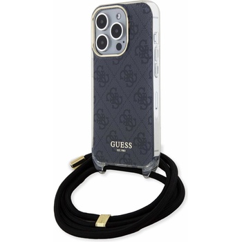 GUESS PU IML 4G Printed Case With Crossbody Strap - дизайнерски кожен кейс с връзка за носене през врата за iPhone 15 Pro Max (черен)