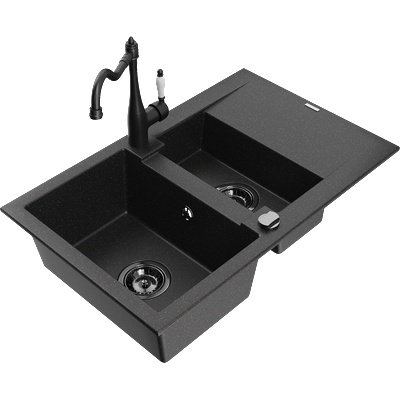Mexen Gaspar гранитна мивка 1, 5-каморна с отцедник и кухненски смесител Carla, черен/сребрист - 6507-73-670700-70-B (6507-73-670700-70-B)