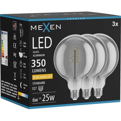 Mexen Vintis 3x крушка с нажежаема спирала LED E27, G125, 6W, Топла - 2200K, 350 lm, димно (L168-E27-0622-70x03)