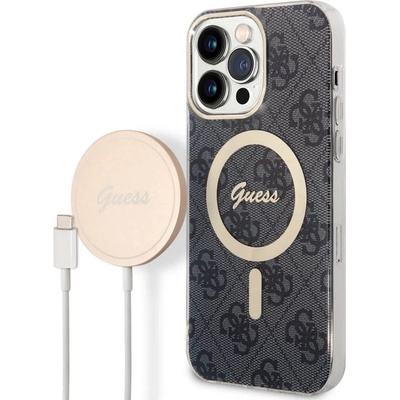 GUESS 4G Printed Stripe MagSafe Case With MagSafe Wireless Charger Set - комплект хибриден удароустойчив кейс с MagSafe и поставка (пад) за безжично зареждане за iPhone 14 Pro Max (черен)