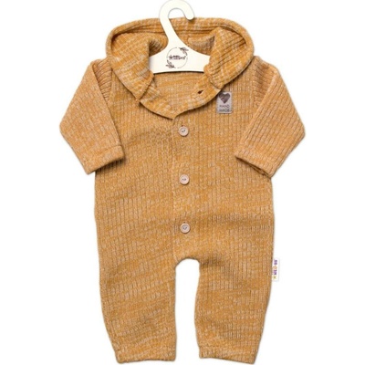 Baby Nellys Pletený overálek s kapucí a knoflíčky Hand Made medový žihaný