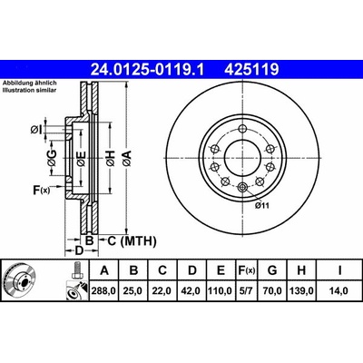 ATE 425119 brzdový kotúč 24.0125-0119.1, súprava 2 ks