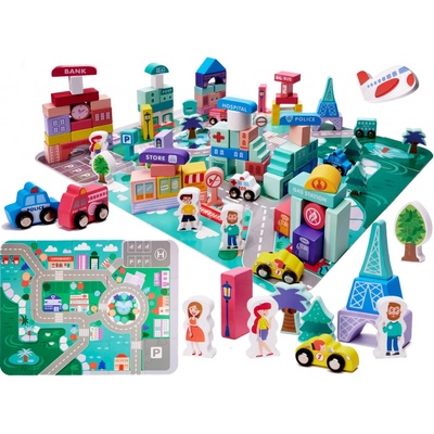 FunPlay 6197 Drevené vzdelávacie kocky MESTEČKO, 128 ks